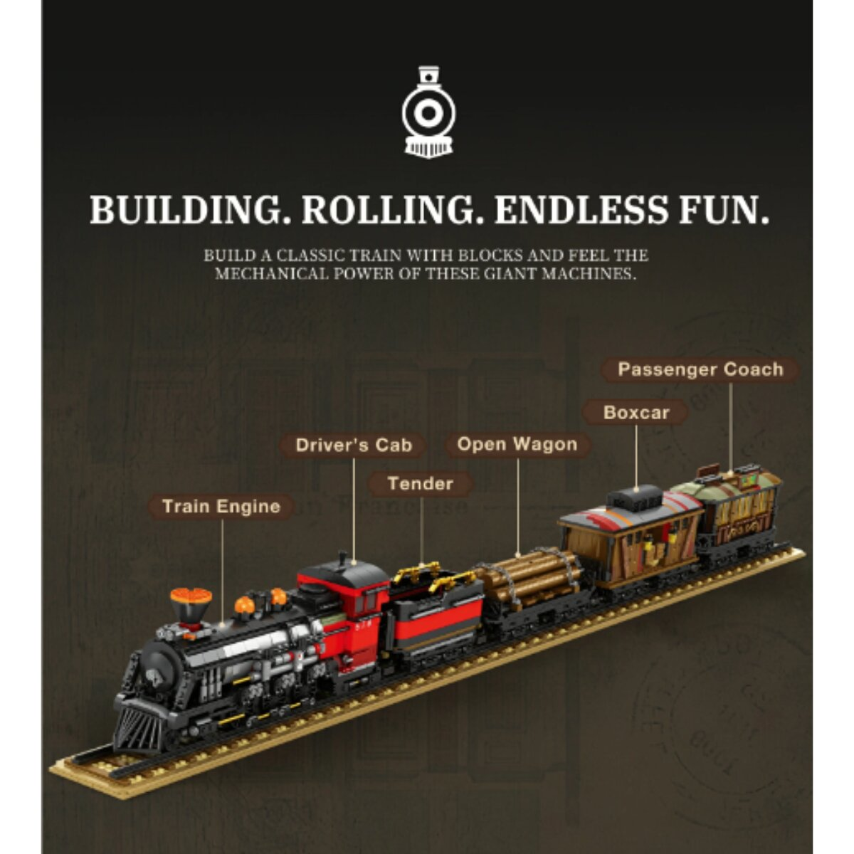 Ein Lego-Dampfzug mit Tender, Wagen und Holzlade auf Schienen, beschriftet mit Bauteilen.