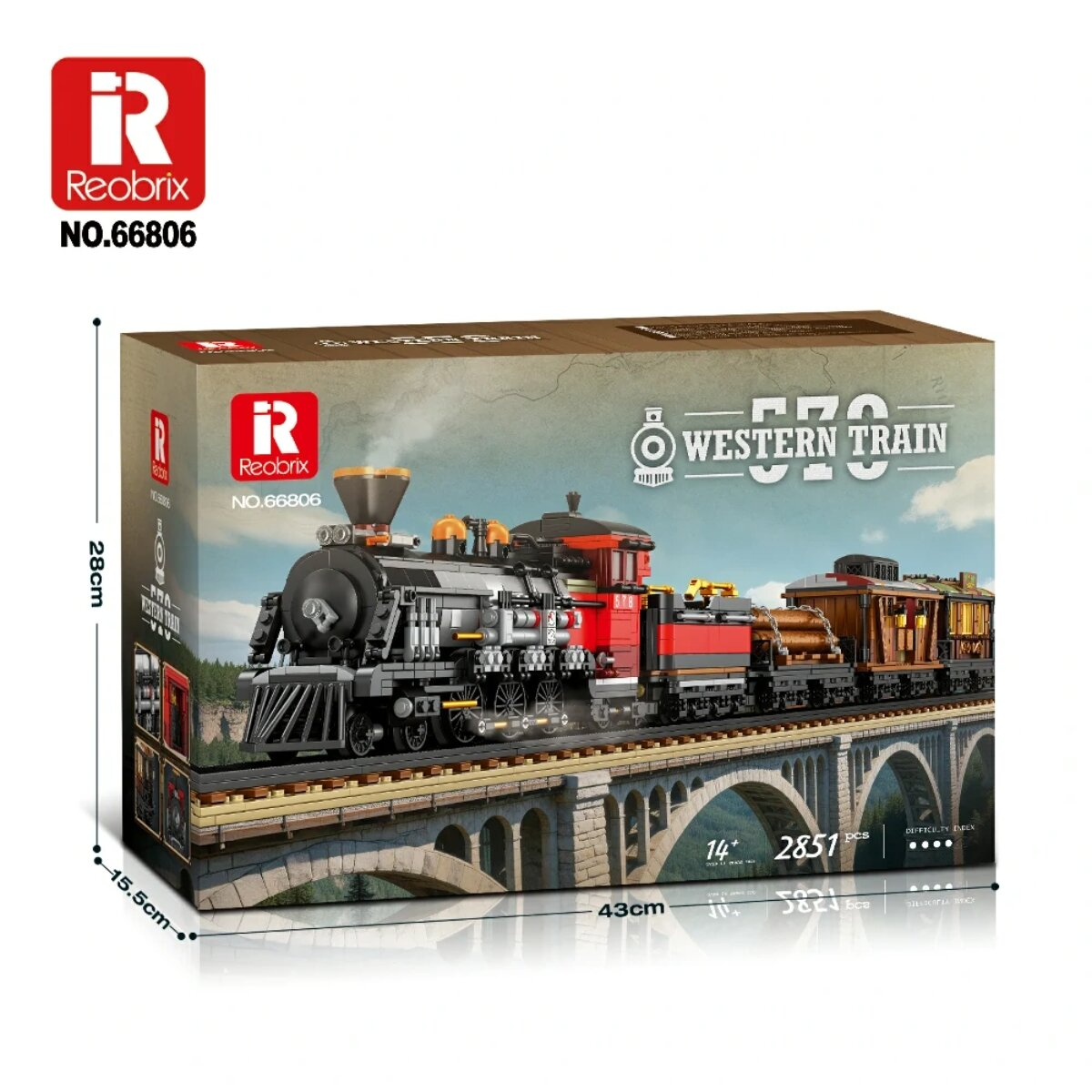 Produktverpackung eines Reobrix Western-Zugs mit Dampflokomotive und Waggons auf einer Brücke.
