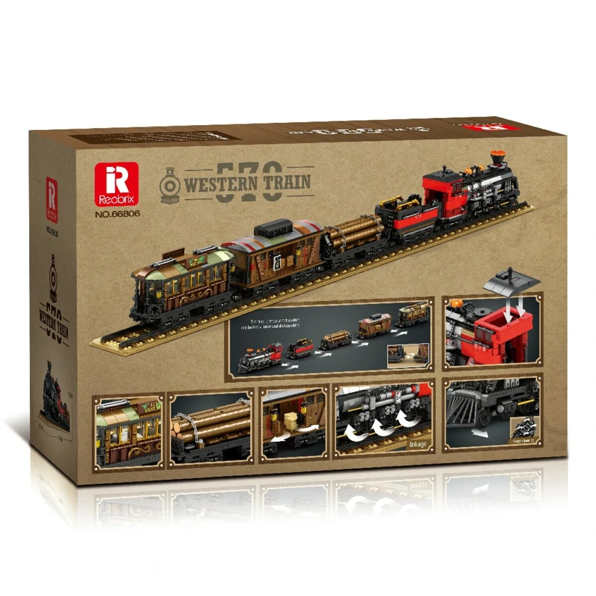 Verpackung für ein Reobrix Western Train Set, zeigt den fertigen Spielzeugeisenbahn auf Schienen und Details.