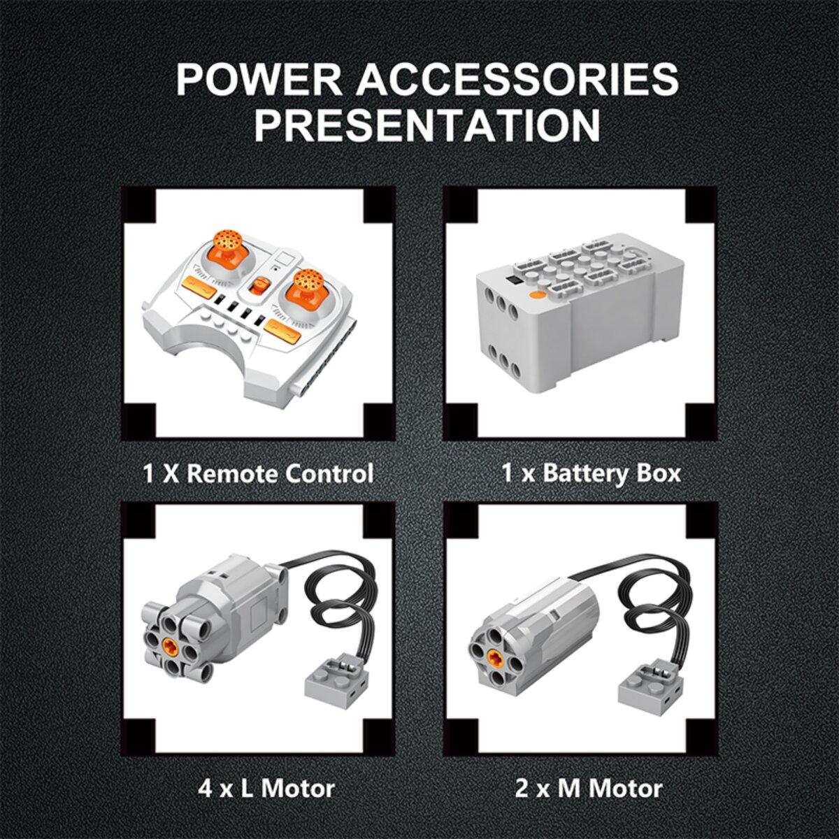 Präsentation von Power-Zubehör: Fernbedienung, Batteriebox, L-Motor und M-Motor auf schwarzem Hintergrund.