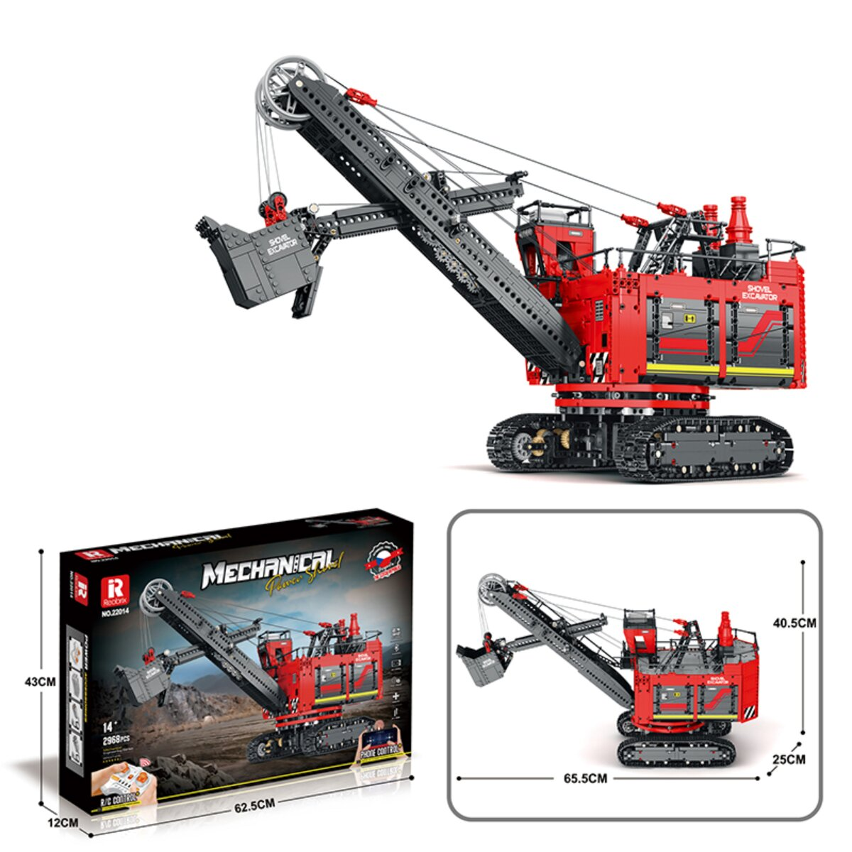 Ein rotes und graues Spielzeug-Bagger-Modell mit Raupenbändern, Kranarm und Schaufel, inklusive Verpackung und Maßen.