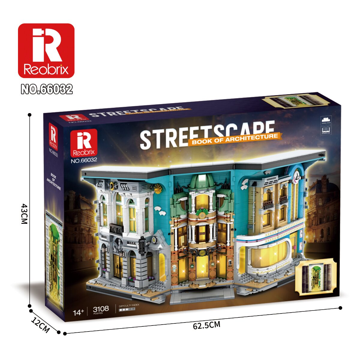 Produktverpackung für das Reobrix Streetscape Bausteinset mit detailliertem architektonischem Gebäude.