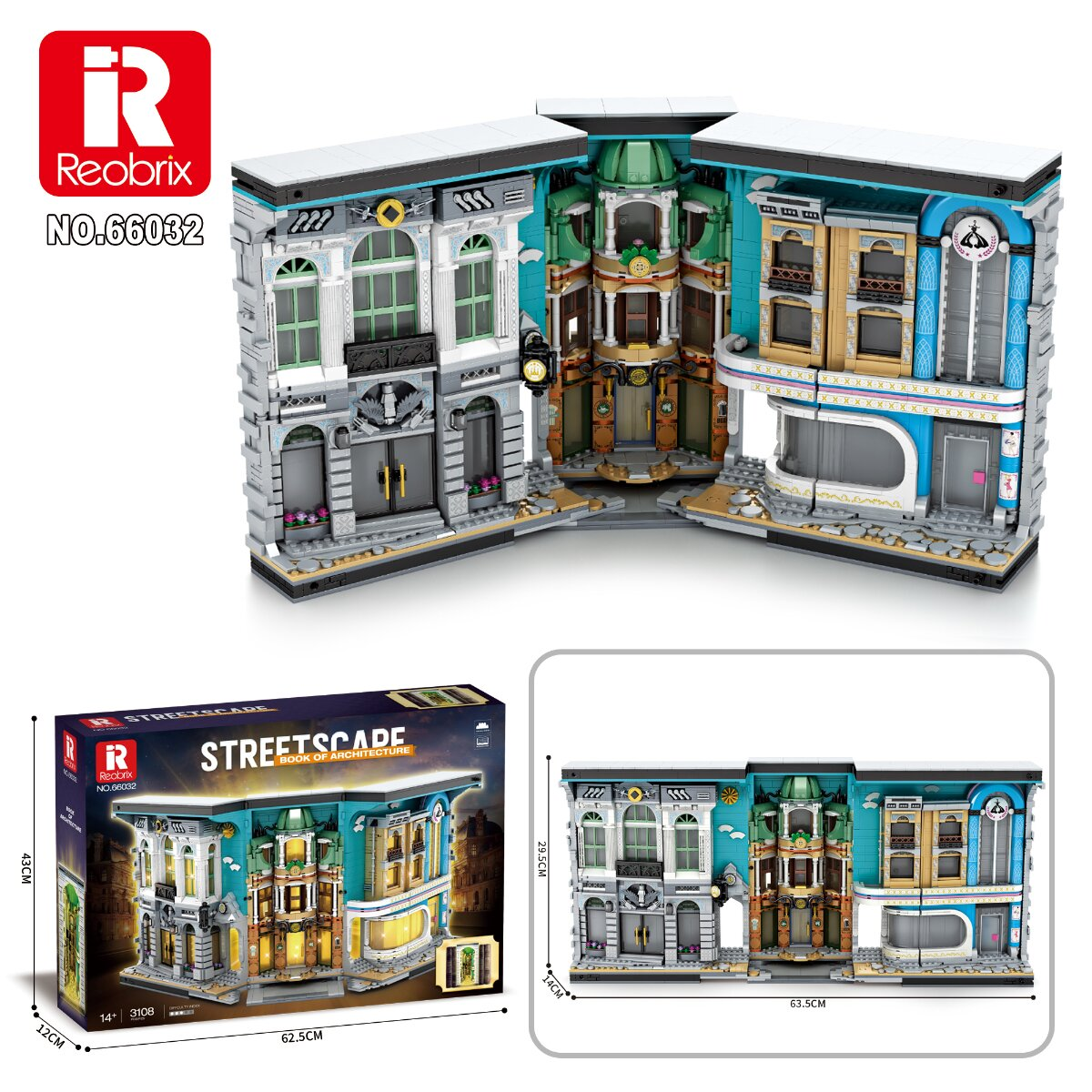 Ein detailreiches Reobrix-Straßenszene-Gebäudeset mit verschiedenen Fassaden und Geschäften, inklusive Produktverpackung.