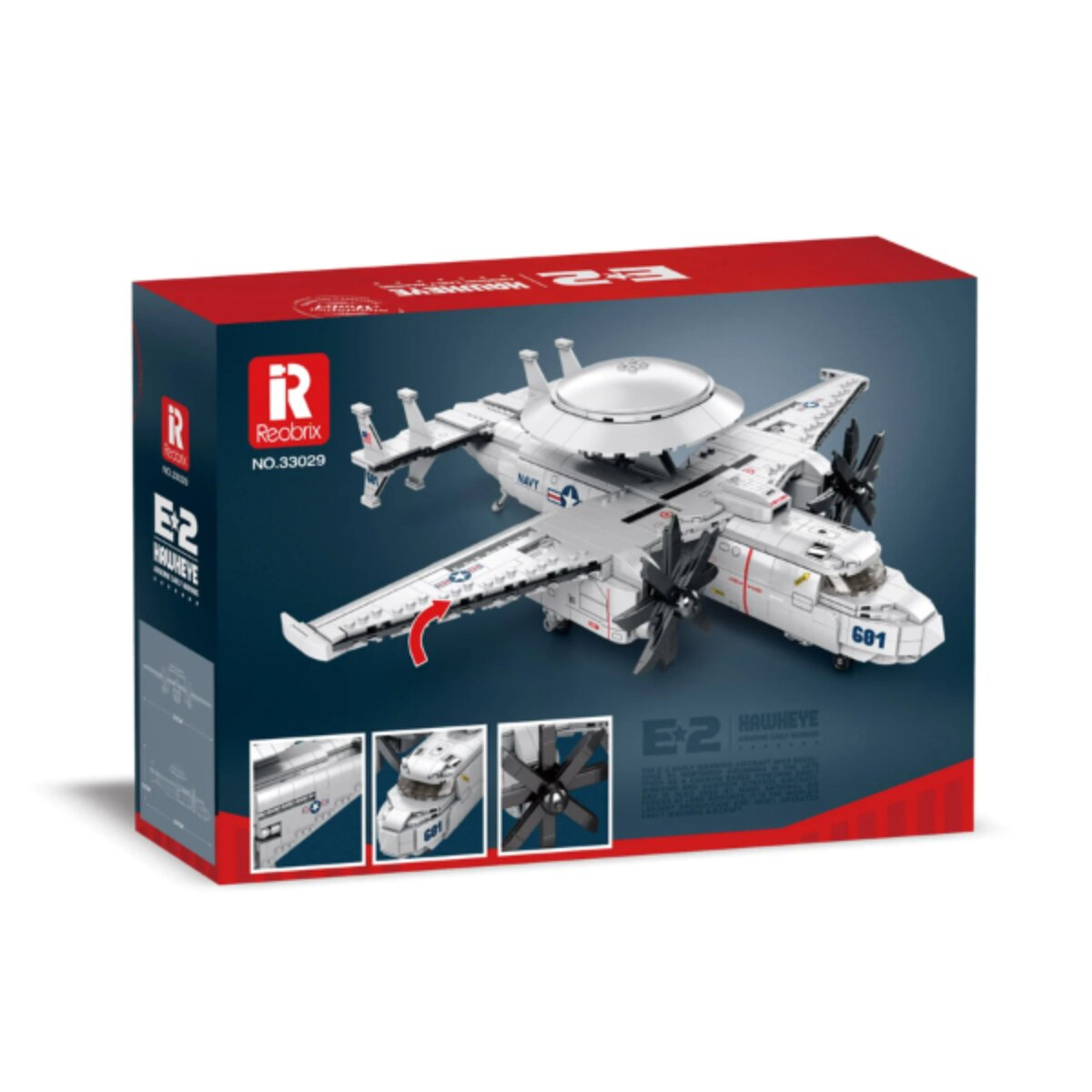 Eine Reobrix-Spielzeugbox mit einem gebauten weißen E-2 Hawkeye Militärflugzeug mit Radar.