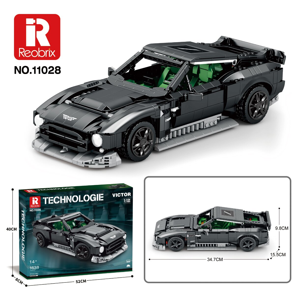 Ein schwarzes Reobrix 11028 Klemmbaustein-Auto mit grüner Innenausstattung, Verpackung und Maßen.
