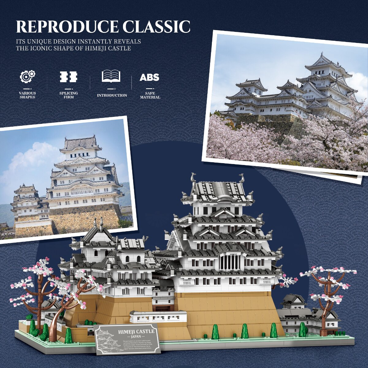 Ein Himeji-Schloss-Spielzeugset mit weißen Wänden, grauen Dächern und Kirschblütenbäumen.