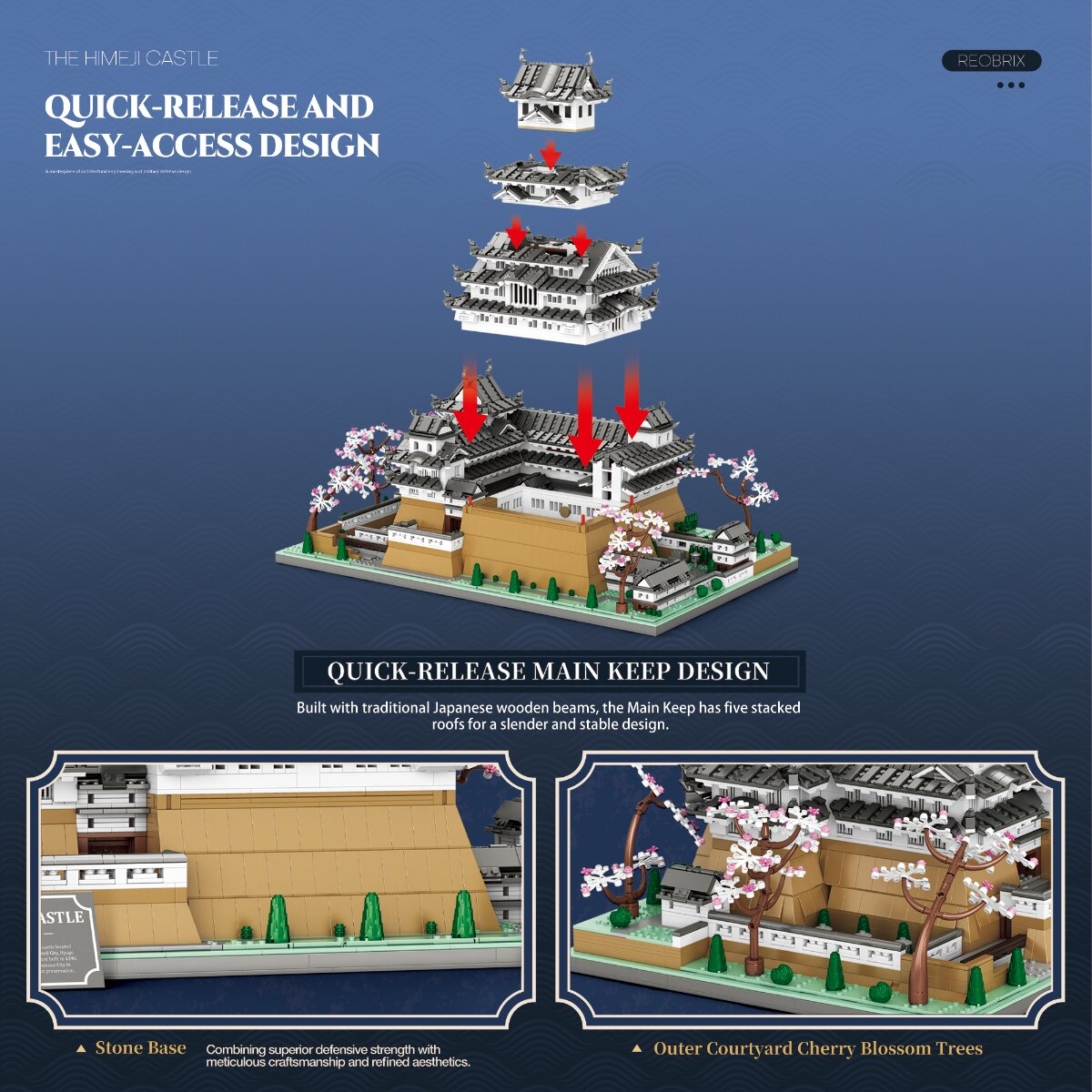 Ein Lego-Modell der Himeji-Burg zeigt modular abnehmbare Schichten und Details wie Kirschbäume.