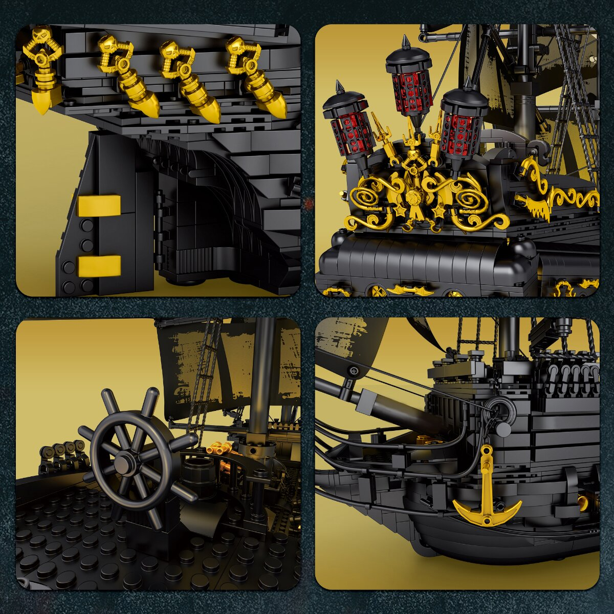 Vier Nahaufnahmen eines schwarz-goldenen Lego-Piratenschiffs mit Details wie Laternen, Steuerrad und Anker.