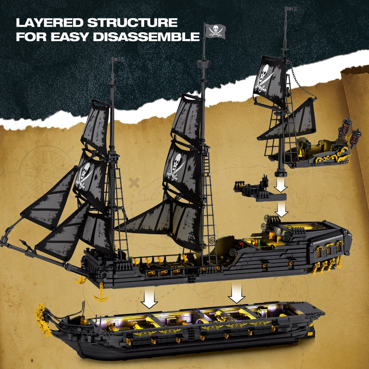 Ein schwarzes Lego-Piratenschiff mit Totenkopf-Segeln zeigt eine mehrschichtige Struktur zum Zerlegen.