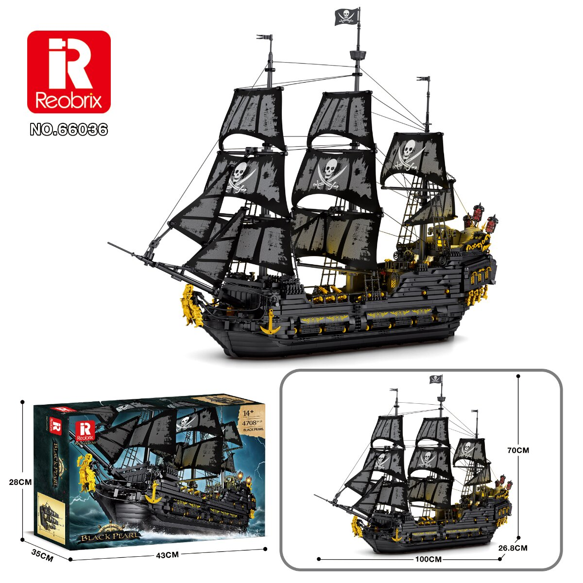 Ein großes schwarzes Piratenschiff aus Bausteinen mit Totenkopfsegeln, daneben die Produktverpackung und Maße.