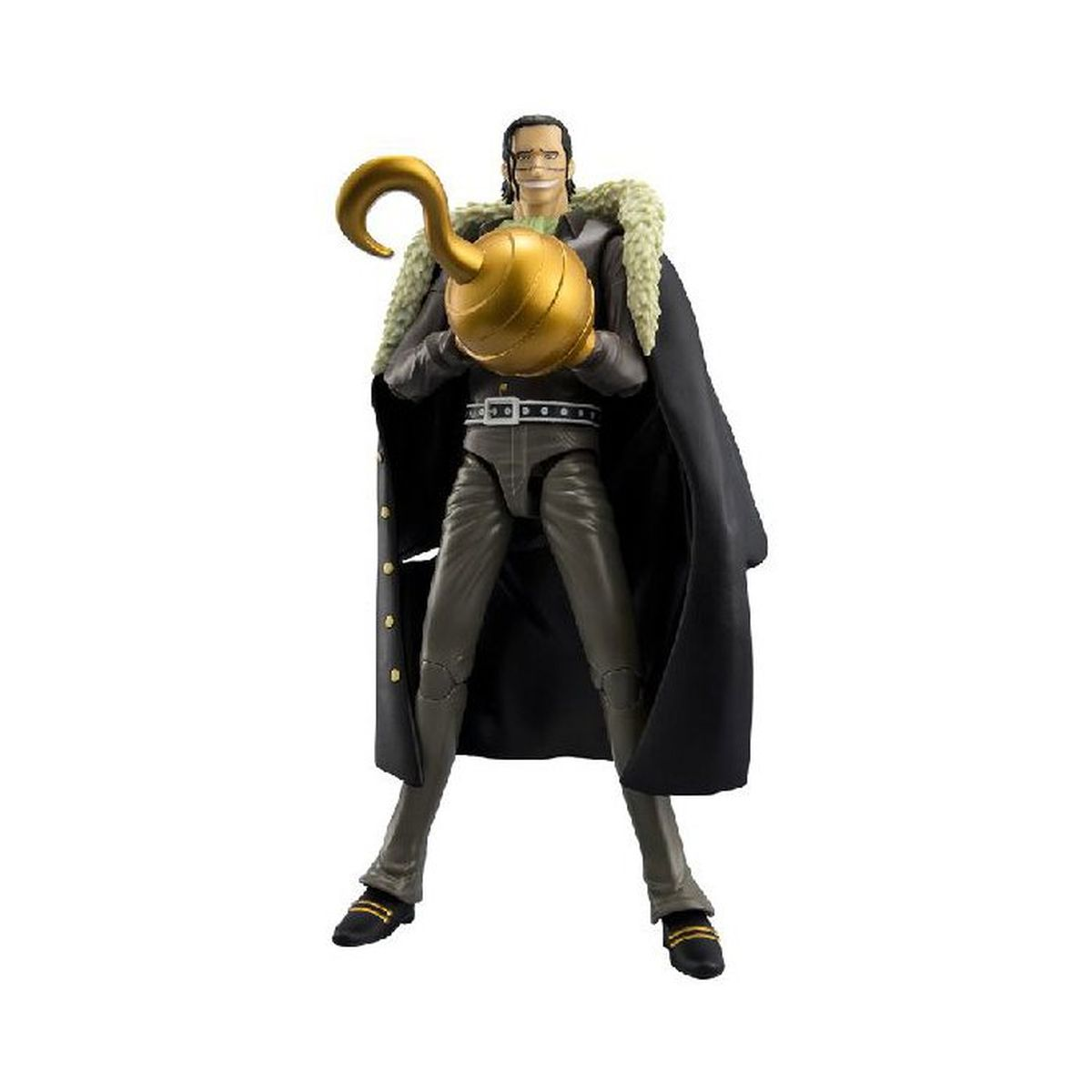 Figurka akcji przedstawiająca Sir Crocodile z One Piece, ze złotym hakiem i czarnym płaszczem.