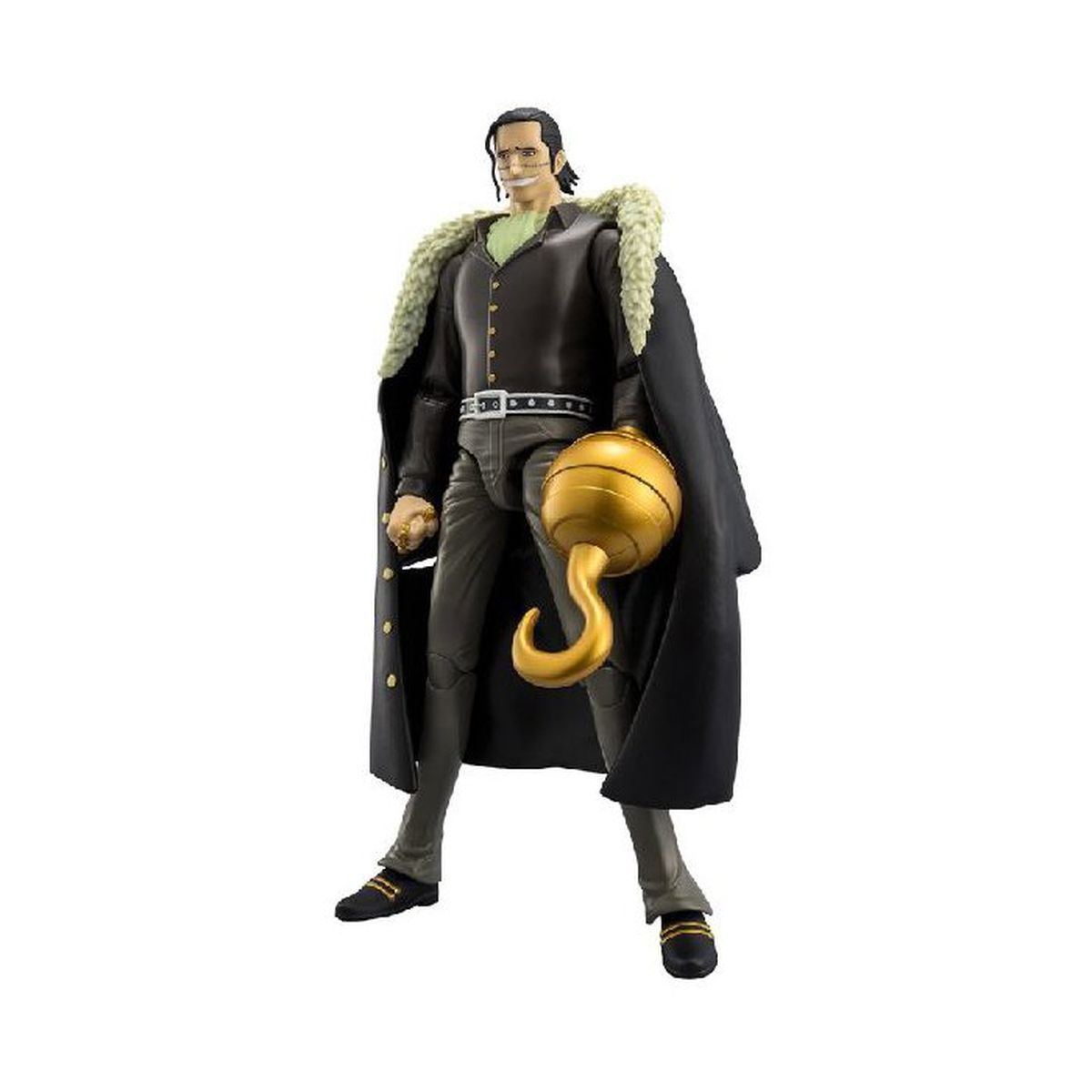 Figurka akcji Sir Crocodile z One Piece z ciemnym płaszczem i złotym hakiem.