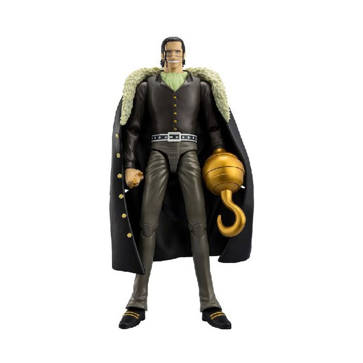 Figurka akcji Sir Crocodile z One Piece w czarnym płaszczu z futrzanym kołnierzem i złotym hakiem.