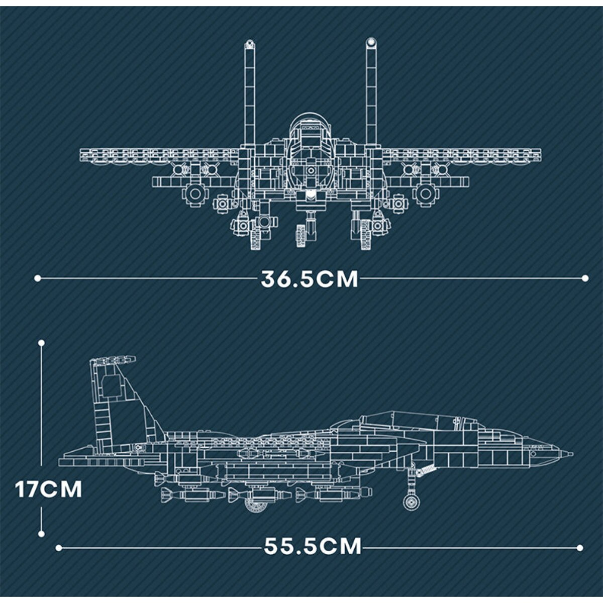 Bauplan eines Kampfjets mit den Maßen: 36,5 cm breit, 55,5 cm lang und 17 cm hoch.