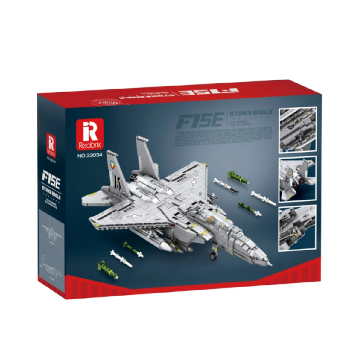 Eine rot-blaue Reobrix 33034 Spielzeug-Jet-Box mit dem gebauten grauen Flugzeug und Raketen.