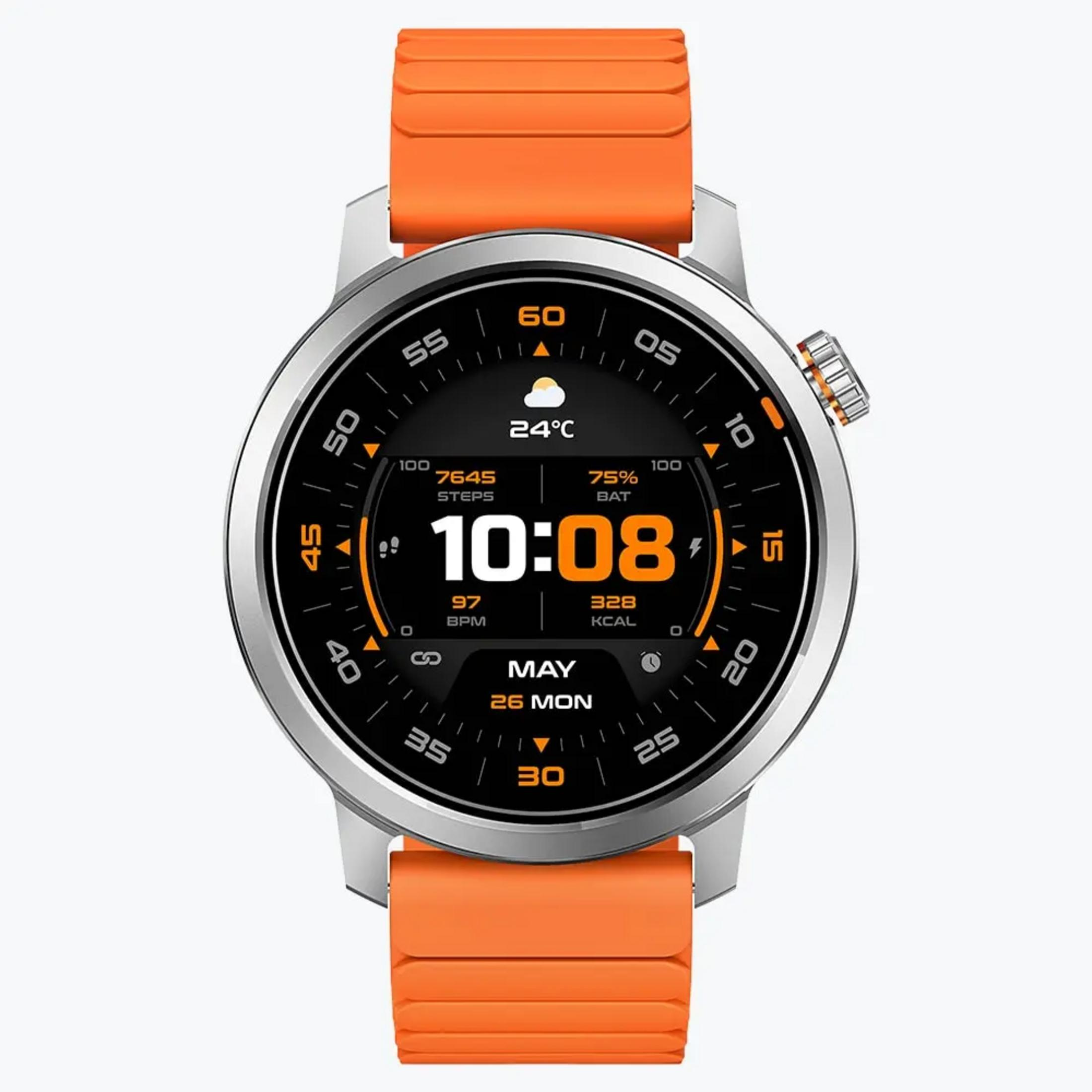 Reloj inteligente plateado con correa naranja y pantalla digital que muestra hora, fecha, pasos, pulso y clima.