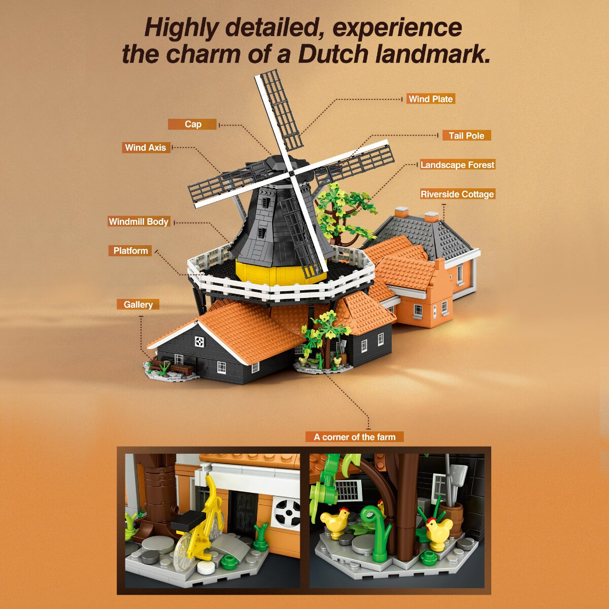 Lego-Mühlen-Set mit beschrifteten Teilen, Häusern und Farm-Eck-Details.