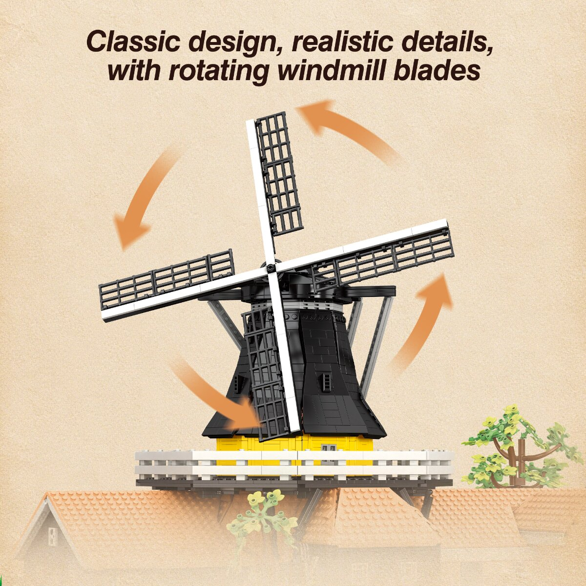Eine LEGO Windmühle auf einem Dach mit rotierenden Flügeln und Text oben.