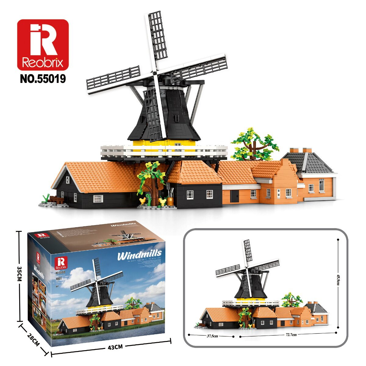 Lego-Modell einer Windmühle mit orangefarbenen Ziegelhäusern, Bäumen und Produktbox mit Abmessungen.