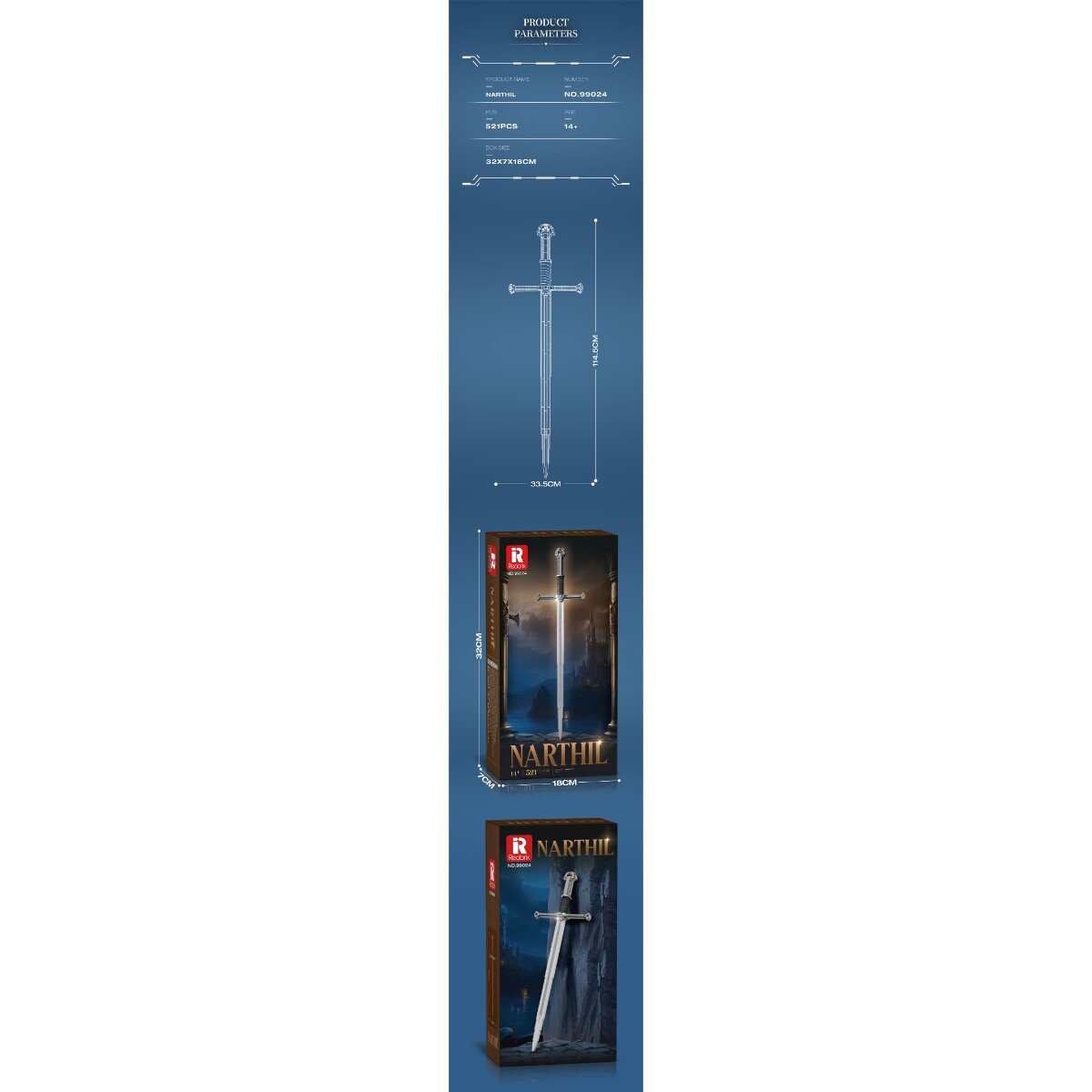 Produktparameterdiagramm für Narthil-Schwert mit Abmessungen, Stückzahl und Box-Ansichten auf blauem Hintergrund.