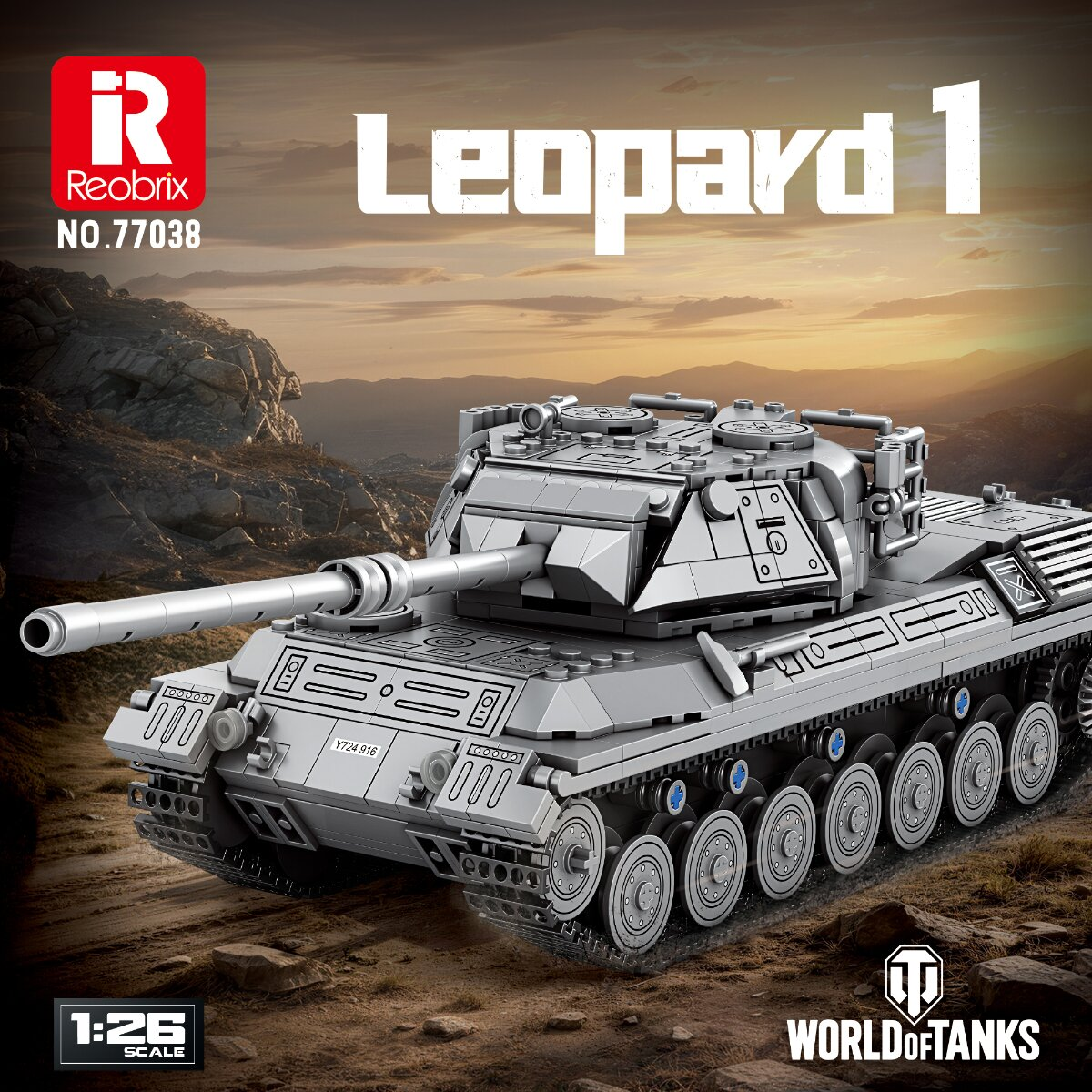 Ein grauer Leopard 1-Spielzeugpanzer aus Bausteinen in felsiger Landschaft bei Sonnenuntergang.