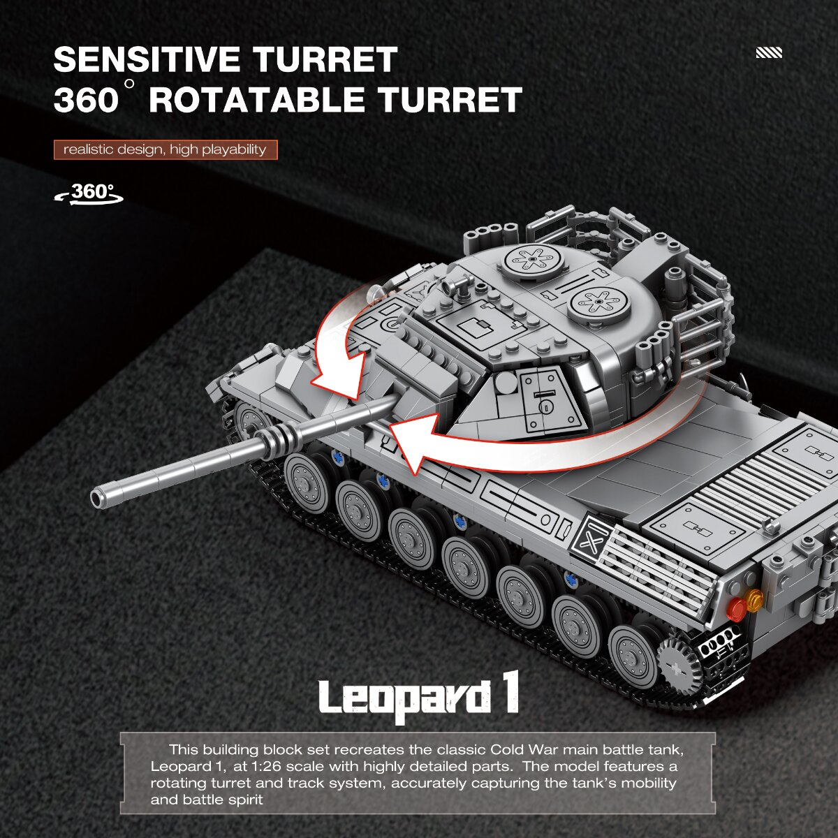 Ein graues Leopard 1 Klemmbaustein-Panzermodell mit drehbarem Turm und Kettenlaufwerk auf schwarzem Hintergrund.