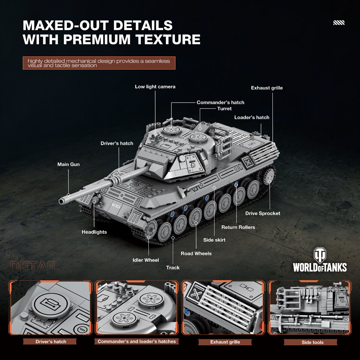 Detailliertes Diagramm eines Spielzeug-Baustein-Panzers mit Beschriftungen verschiedener Teile.