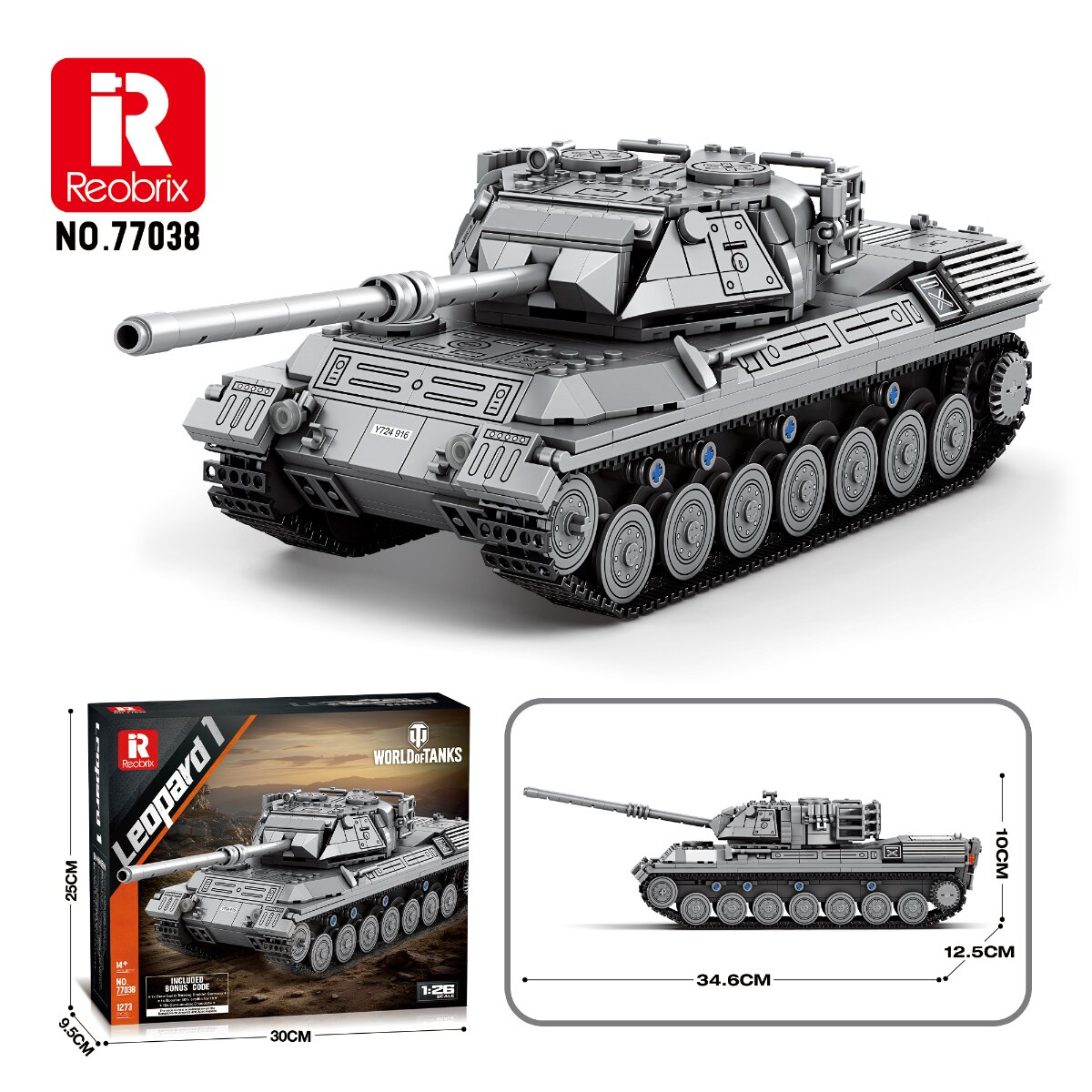 Grauer Leopard 1-Panzer-Spielzeug mit Box und Maßangaben vor weißem Hintergrund.