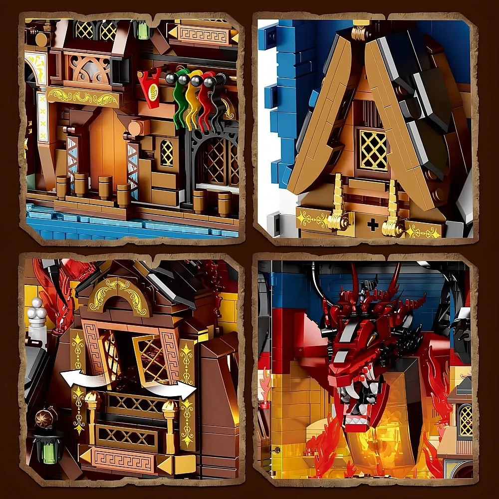 Vier Ausschnitte eines Lego-Gebäudes mit einem roten Drachen, verzierten Wänden, Fenstern und bunten Flaggen.
