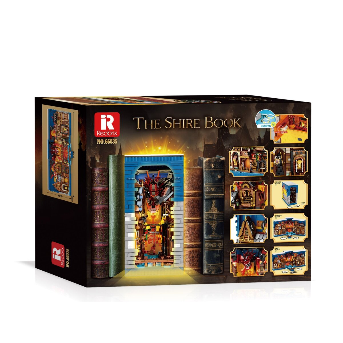 Produktverpackung des Reobrix Klemmbaustein-Sets "The Shire Book" mit beleuchteten Details.