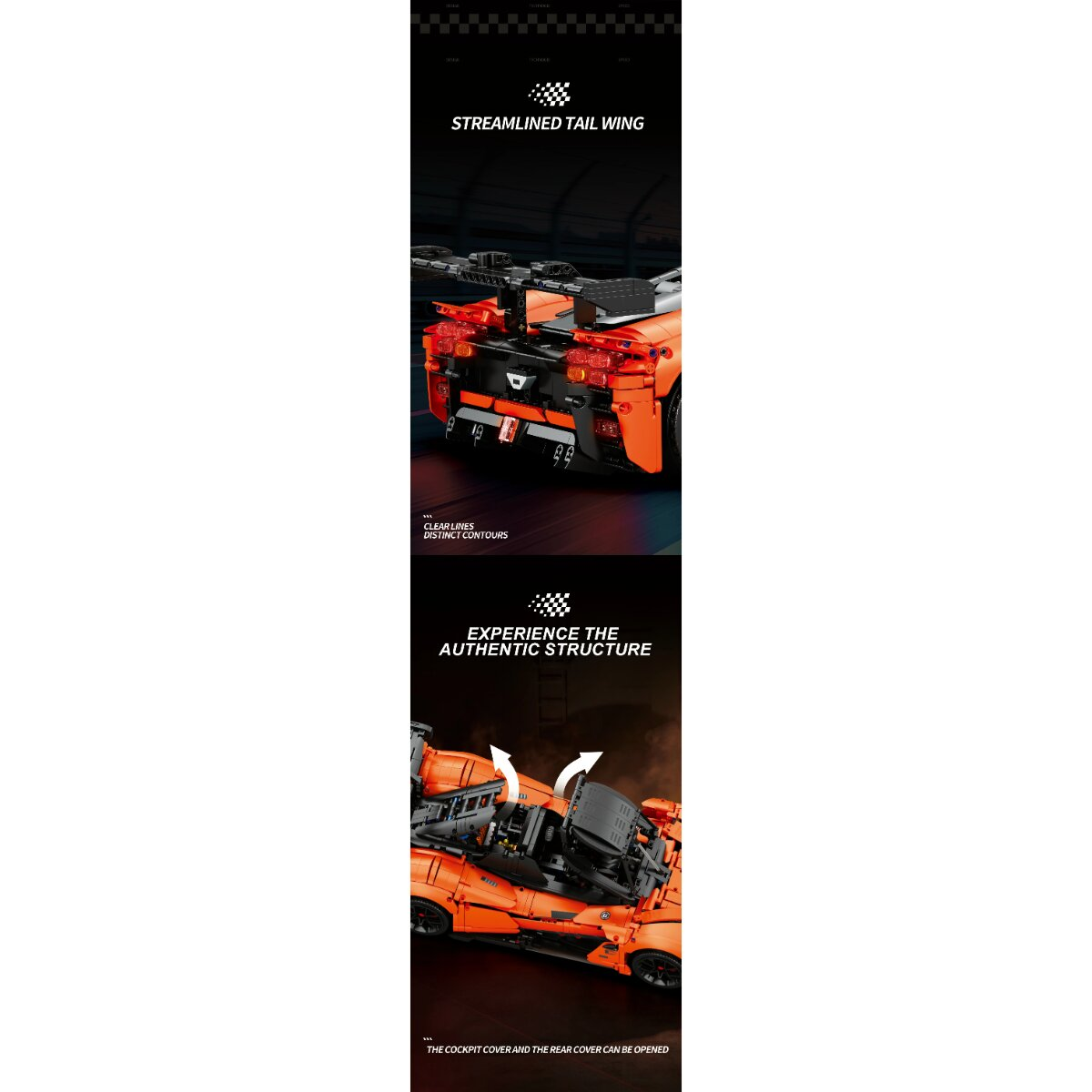 Werbebild eines orangefarbenen Lego-Technic-Autos, das Heckflügel und zu öffnende Abdeckungen zeigt.