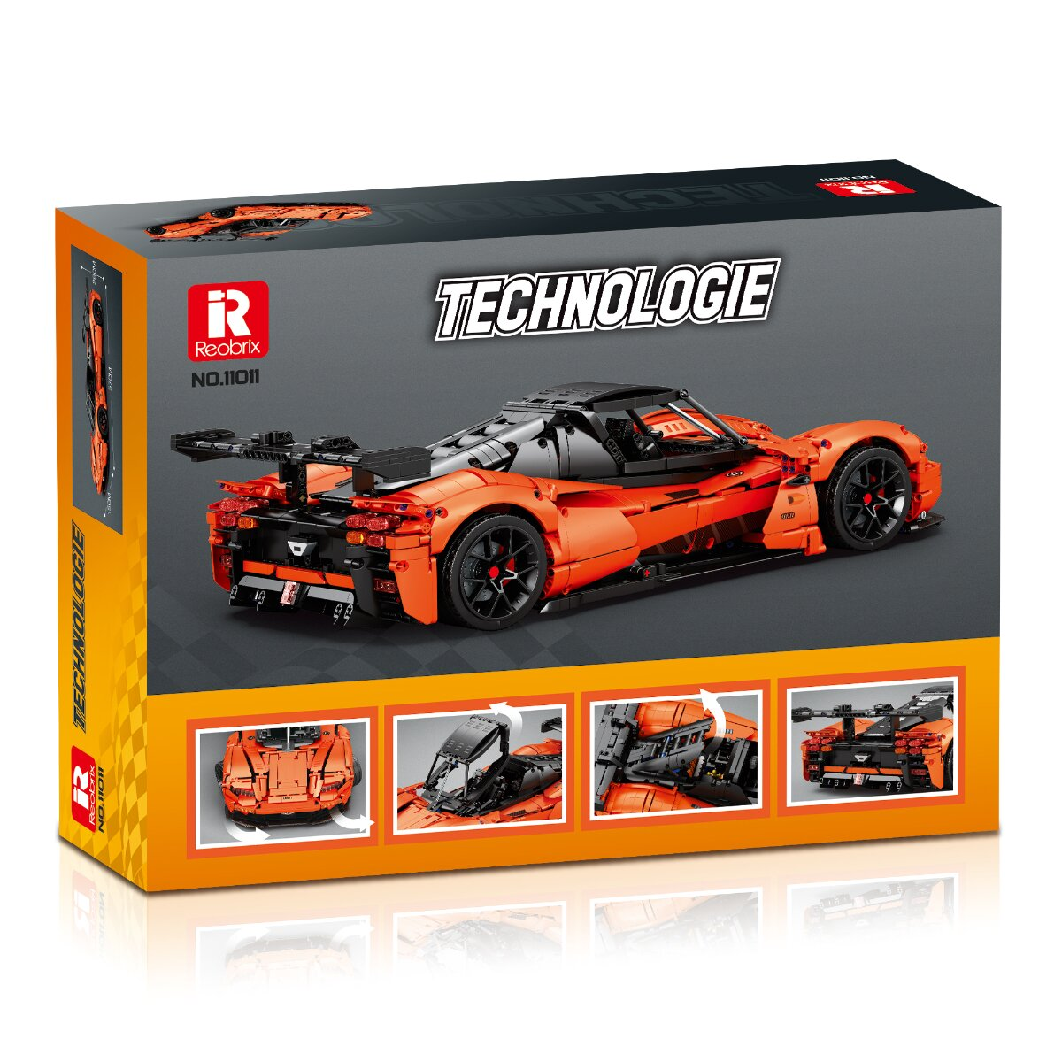 Verpackung eines orangen Modellautos mit schwarzem Dach und Heckflügel, mit kleinen Detailbildern unten.
