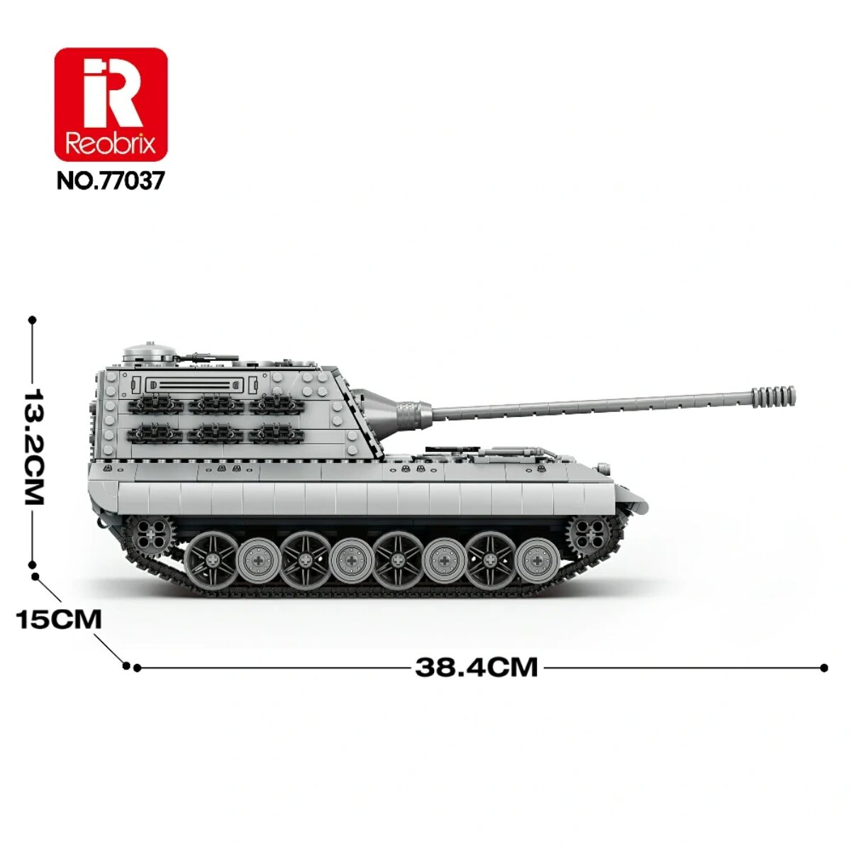 Ein graues Spielzeug-Panzermodell mit den Maßen 38,4 cm Länge, 15 cm Breite und 13,2 cm Höhe, von der Seite.