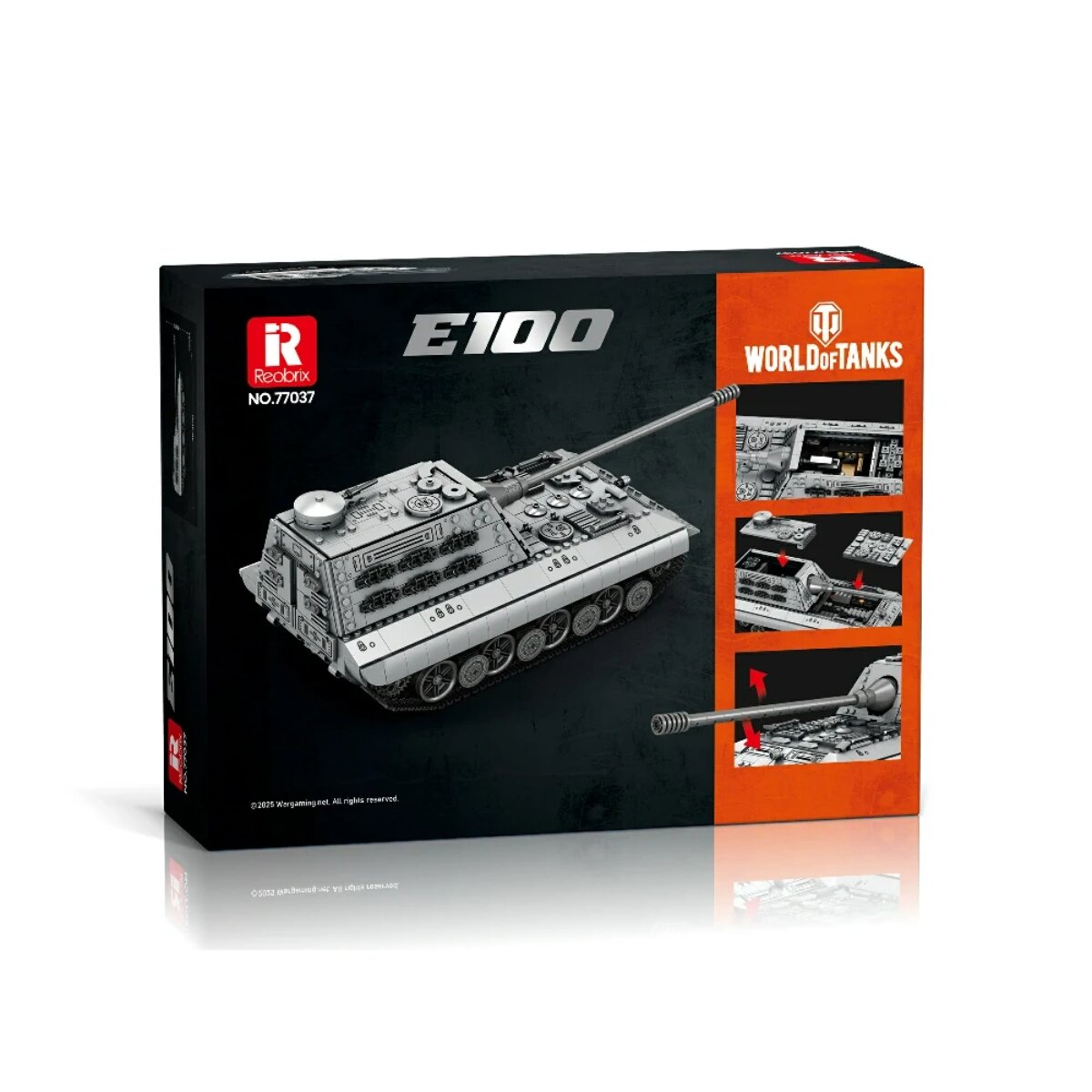 Eine schwarz-orange World of Tanks E100 Klemmbaustein-Box zeigt ein graues Modell und Montagedetails.