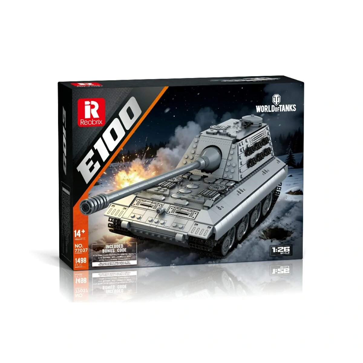Verpackung eines grauen E100 Spielzeugpanzers im Maßstab 1:26 vor einer verschneiten Kulisse.