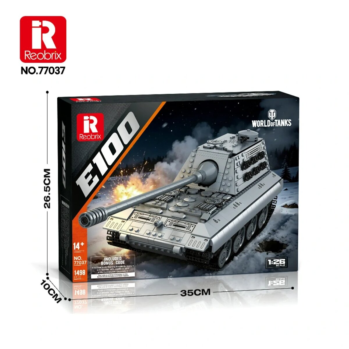 Verpackung eines Reobrix E100 World of Tanks Klemmbaustein-Sets mit Produktmaßen und Motiv im Schnee.