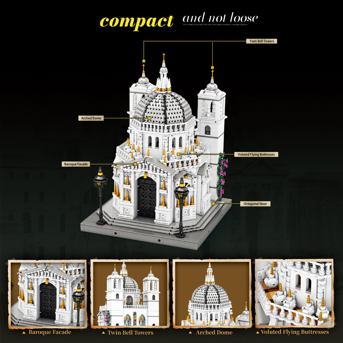 Ein Lego-Architekturmodell einer weißen Barockkirche mit beschrifteten Merkmalen und Detailfotos.