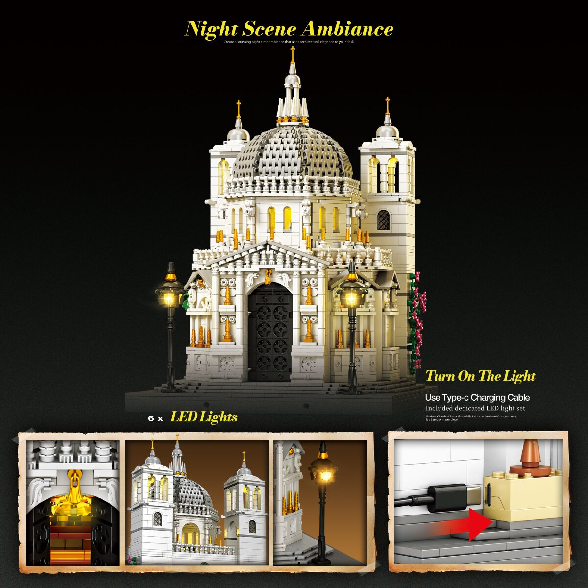 Ein weißes Lego-Kirchmodell mit LED-Beleuchtung und Details wie Fenstern, Türen und angeschlossenem Ladekabel.