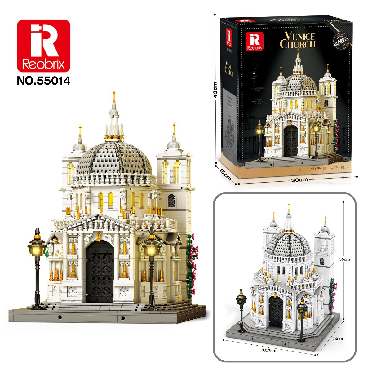 Ein detaillierter Reobrix Venedig Kirche Bausteinsatz mit Verpackung und Maßen.