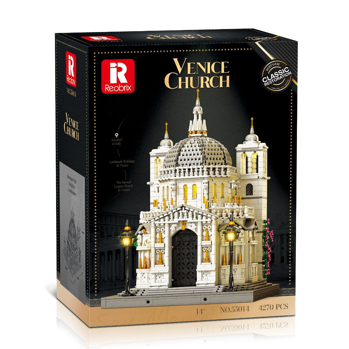 Produktverpackung eines Reobrix Venice Church Klemmbaustein-Modells mit 4270 Teilen.