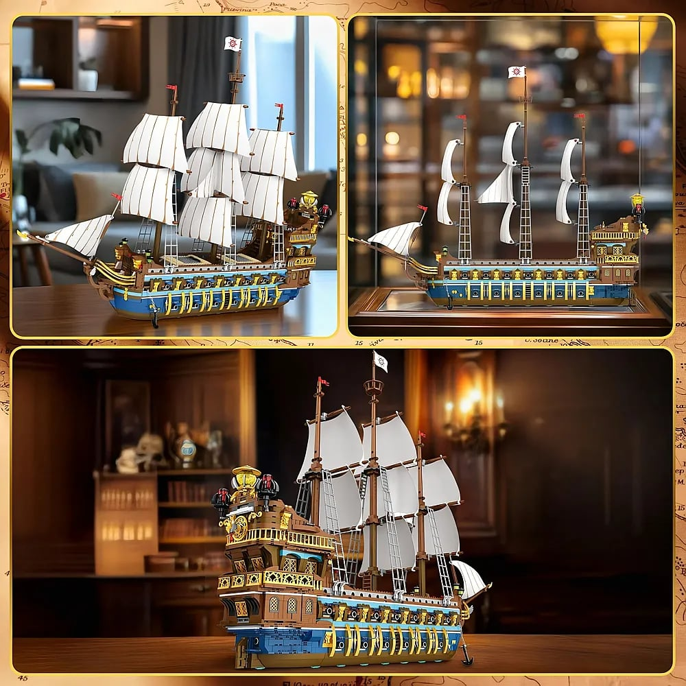 Ein detailgetreues Lego-Piratenschiff mit weißen Segeln und blauem Rumpf steht in drei Ansichten auf einem Holzstapel.