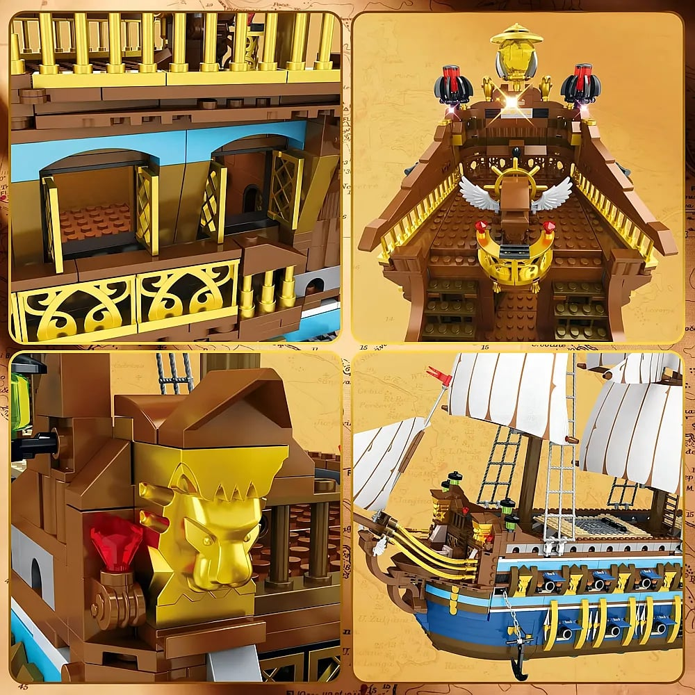 Vier Ausschnitte eines detailreichen Lego-Piratenschiffs mit goldenen und blauen Akzenten, Fenstern und Kanonen.