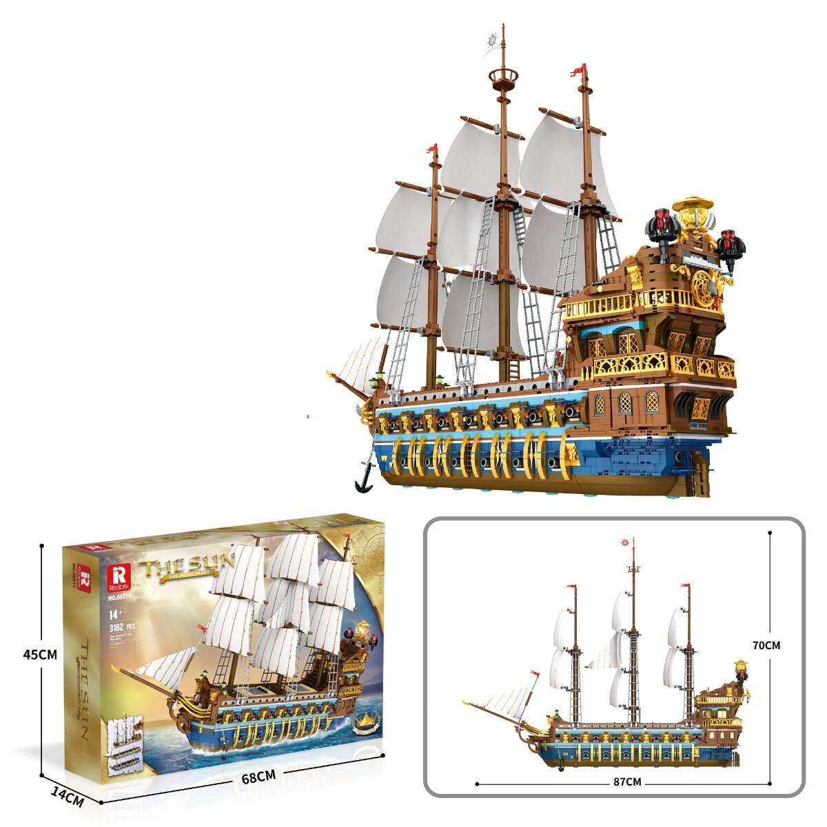 Detailreiches LEGO-ähnliches Segelschiff-Modell mit Schachtel und Maßangaben.
