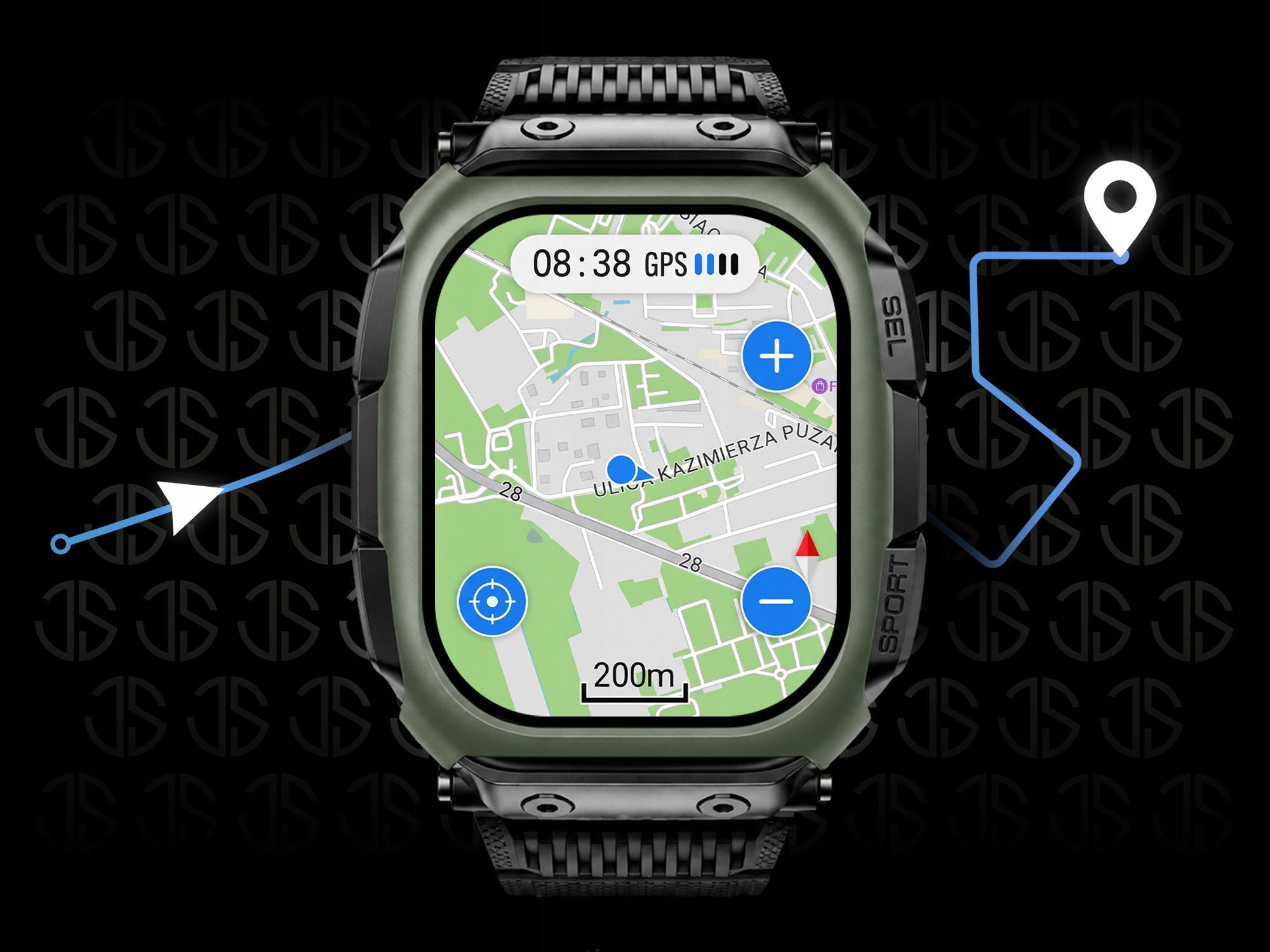 Zielony smartwatch outdoorowy wyświetla nawigację mapową z ulicami i przyciskami powiększenia.