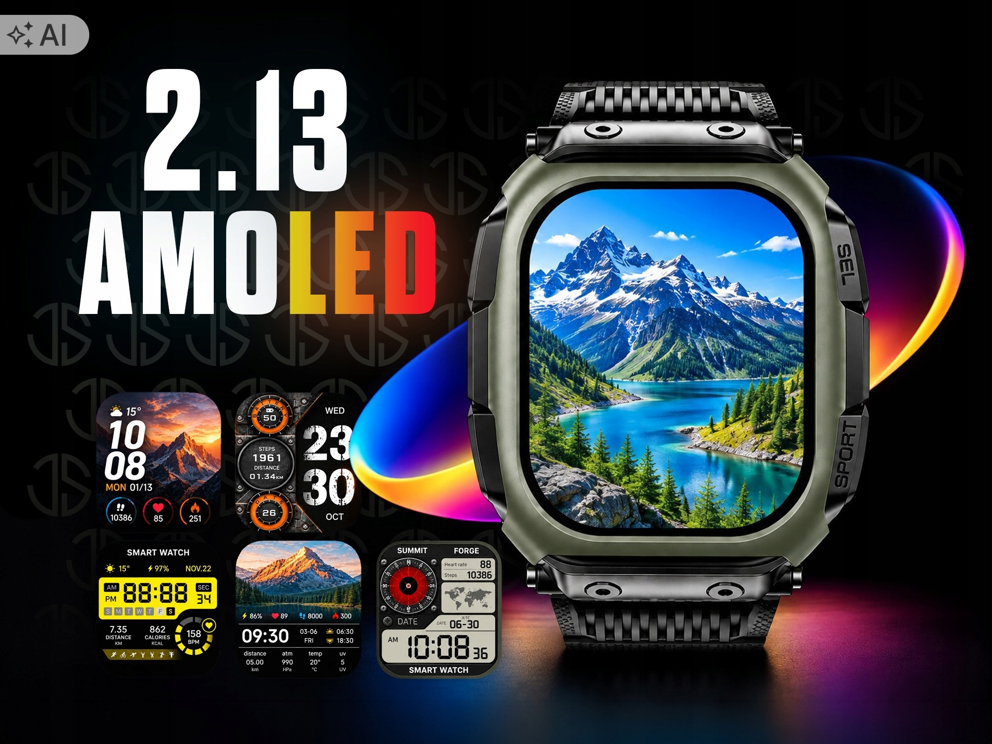 Wytrzymały smartwatch pokazuje jezioro górskie, z napisem 2.13 AMOLED powyżej.