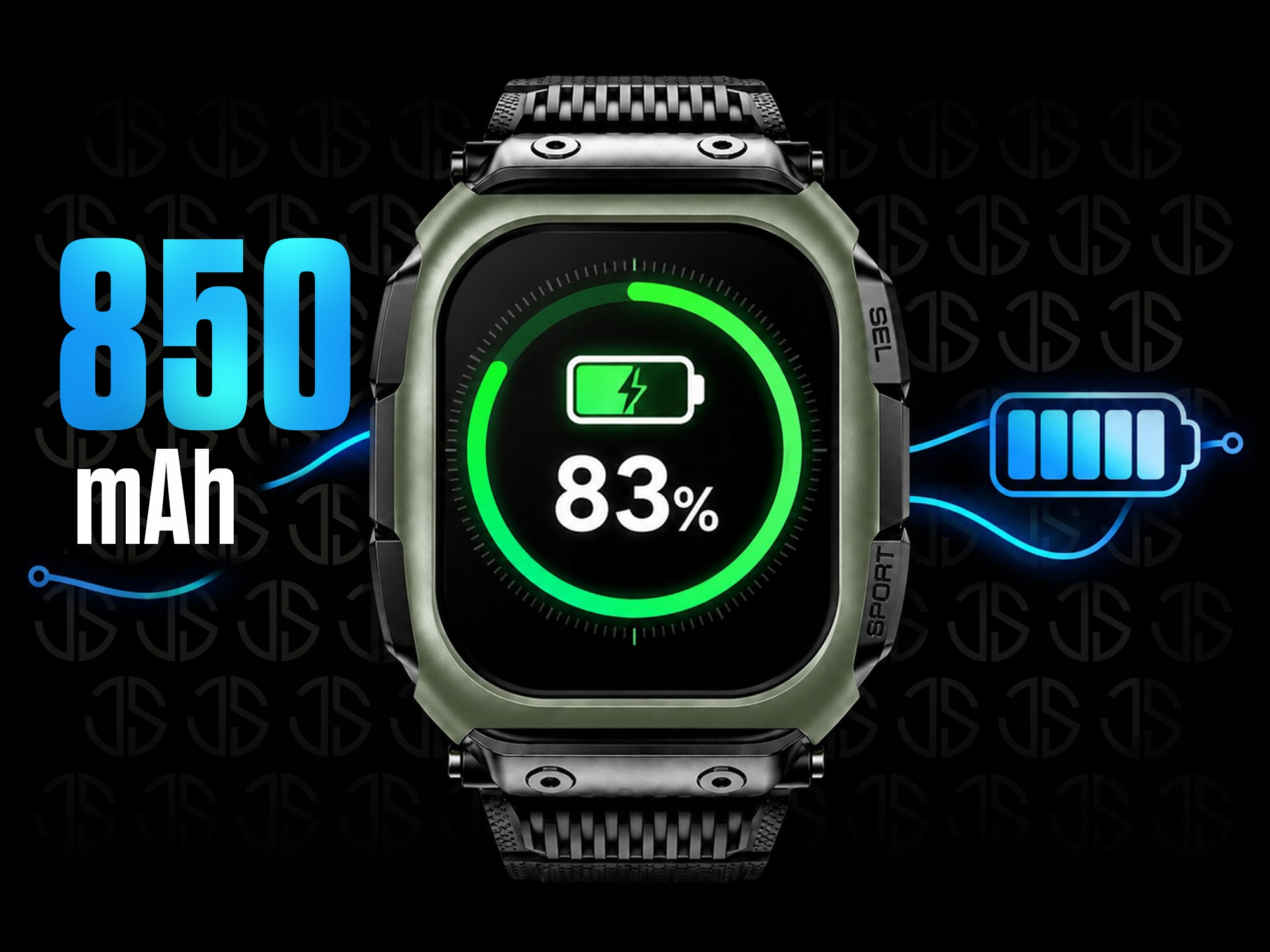 Wytrzymały smartwatch pokazuje 83 procent naładowania baterii i pojemność 850 mAh.