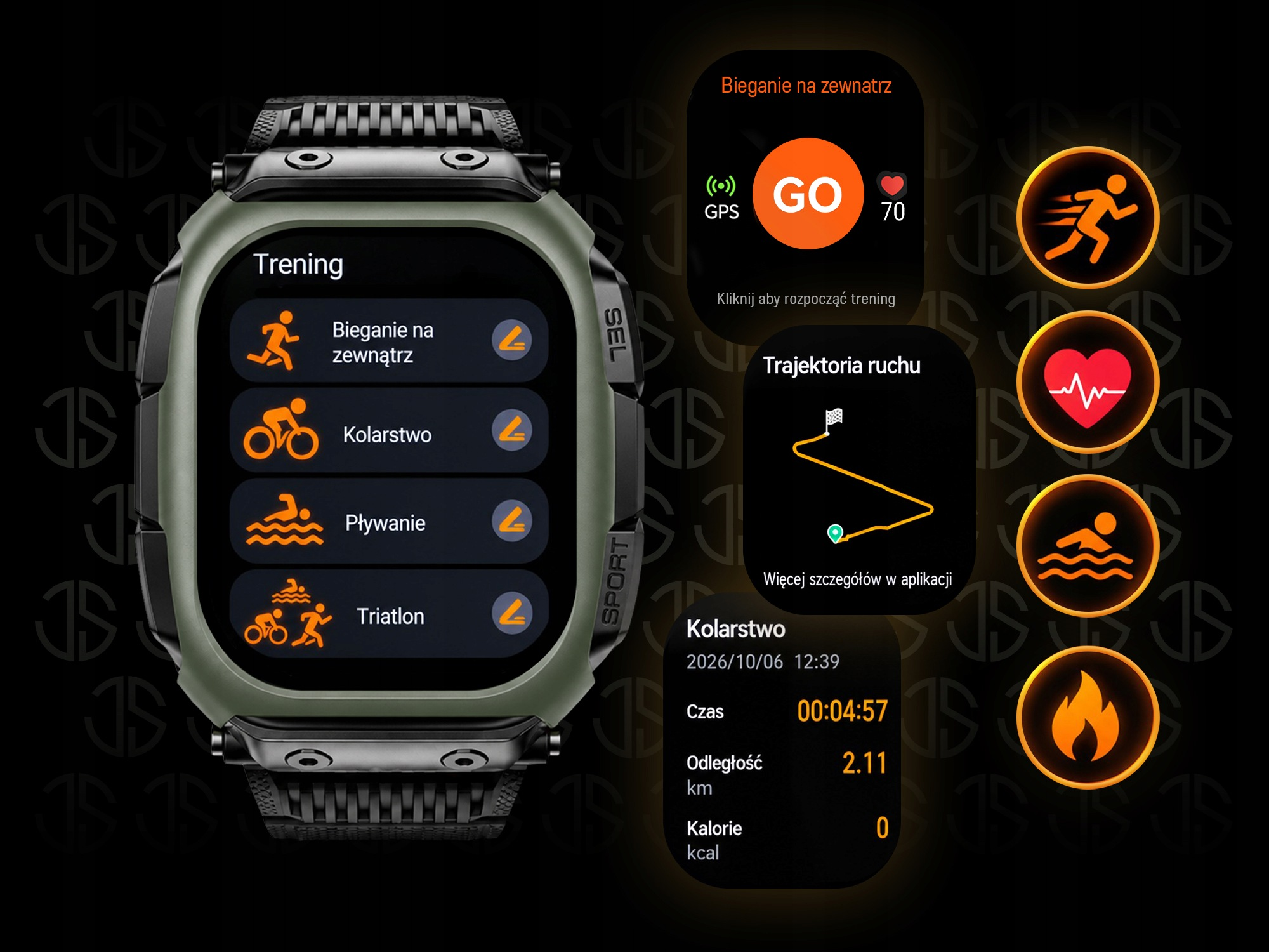 Wytrzymały smartwatch sportowy z zieloną kopertą wyświetlający menu treningów biegowych, rowerowych i pływackich.
