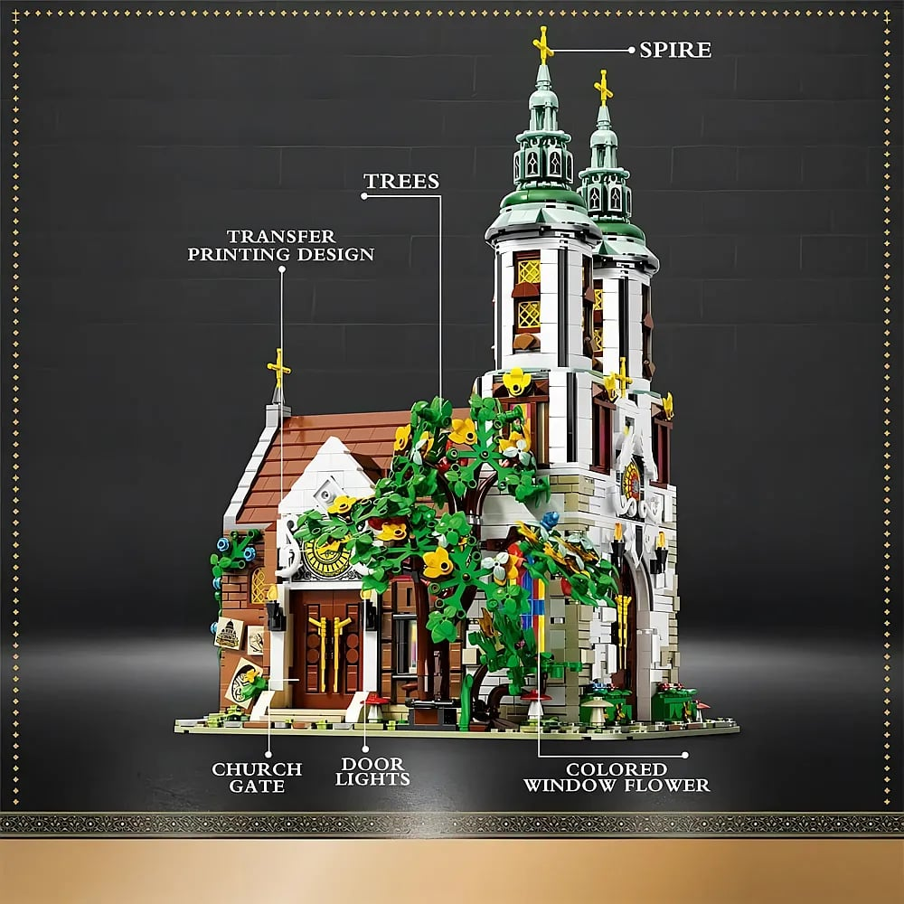 Detailansicht eines LEGO-Kirchenmodells mit Türmen und Beschriftungen.