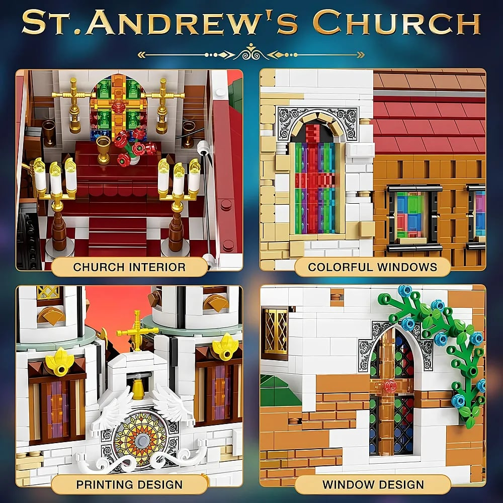 Lego St. Andrews Kirche Details: Altar, bunte Glasfenster, Druckdesign und Blumenbogen.