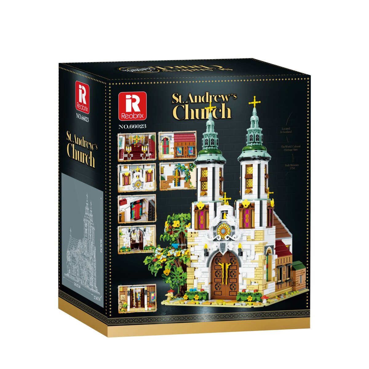 Verpackung eines Reobrix St. Andrew's Church LEGO-artigen Sets mit zwei Türmen und einem bunten Baum.
